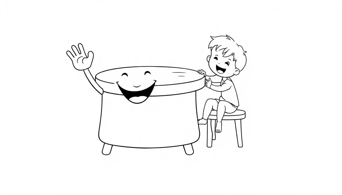 Zwart-wit kleurplaat van een lachende tafel die naar kinderen zwaait, met een kind dat naast de tafel zit op een krukje en vrolijk meedoet.
