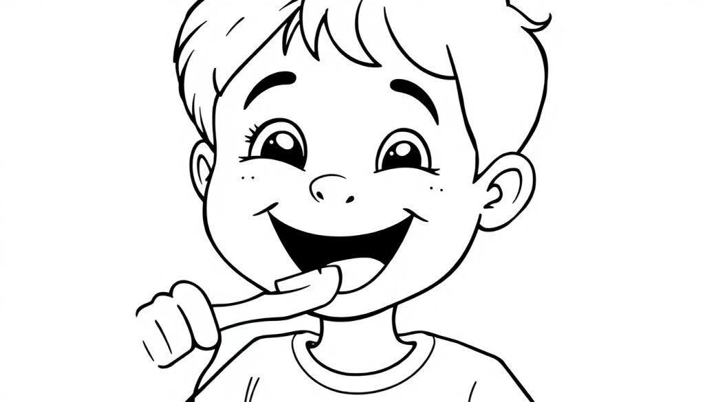 Zwart-wit kleurplaat van een lachend kind dat tanden poetst, met een duidelijke tandenborstel in de hand.