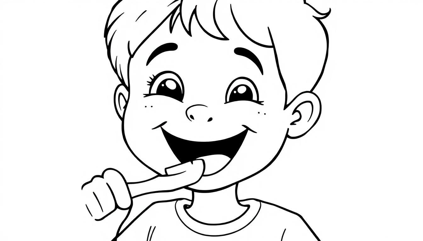 Zwart-wit kleurplaat van een lachend kind dat tanden poetst, met een duidelijke tandenborstel in de hand.