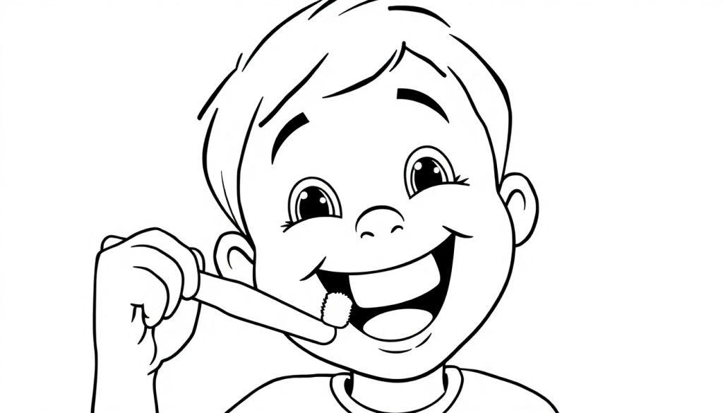 Een zwart-wit kleurplaat van een lachend kind dat tanden poetst met een grote tandenborstel in zijn mond.