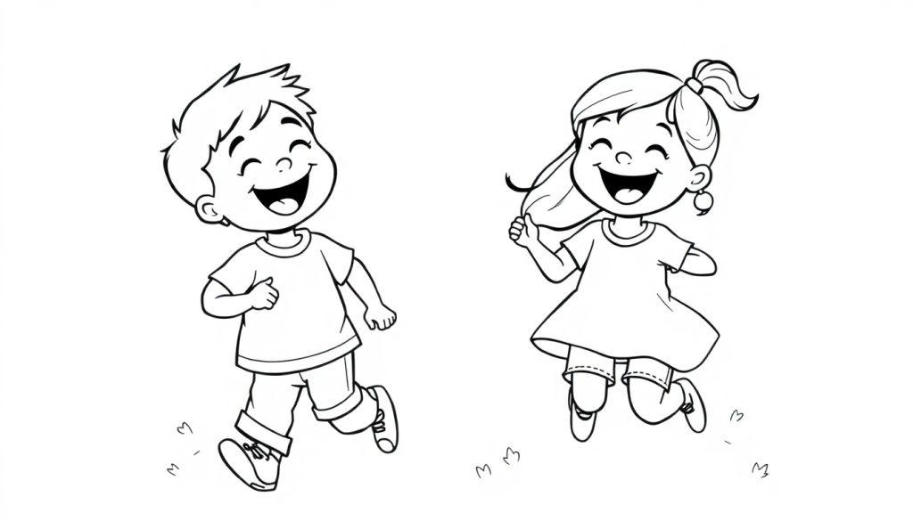 Kleurenplaat van twee blije kinderen die samen vrolijk springen, met grassprietjes op de achtergrond.