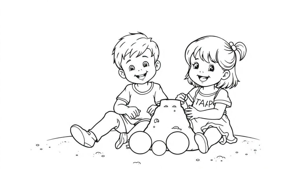 Kleurplaat van twee lachende kinderen die samen in het zand spelen en een zandkasteel bouwen.