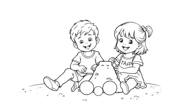Kleurplaat van twee lachende kinderen die samen in het zand spelen en een zandkasteel bouwen.