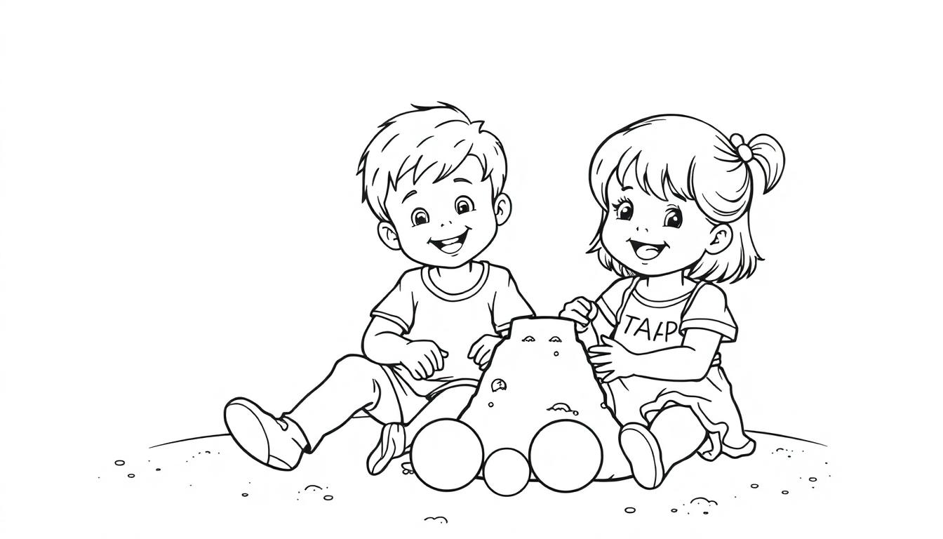 Kleurplaat van twee lachende kinderen die samen in het zand spelen en een zandkasteel bouwen.