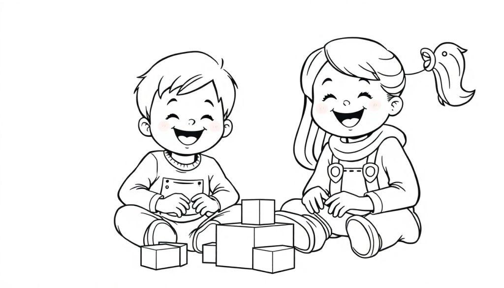 Kleurplaat van twee lachende kinderen die samen spelen met bouwblokken.