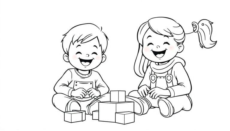 Kleurplaat van twee lachende kinderen die samen spelen met bouwblokken.