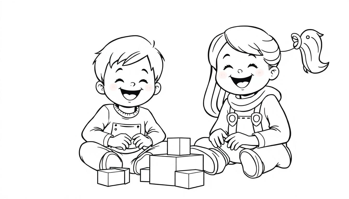 Kleurplaat van twee lachende kinderen die samen spelen met bouwblokken.