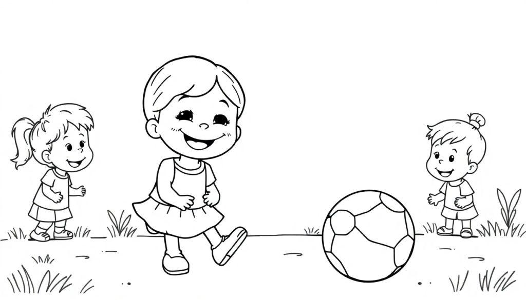 Kleurplaat van drie lachende kinderen die buiten spelen met een bal, met gras op de grond.