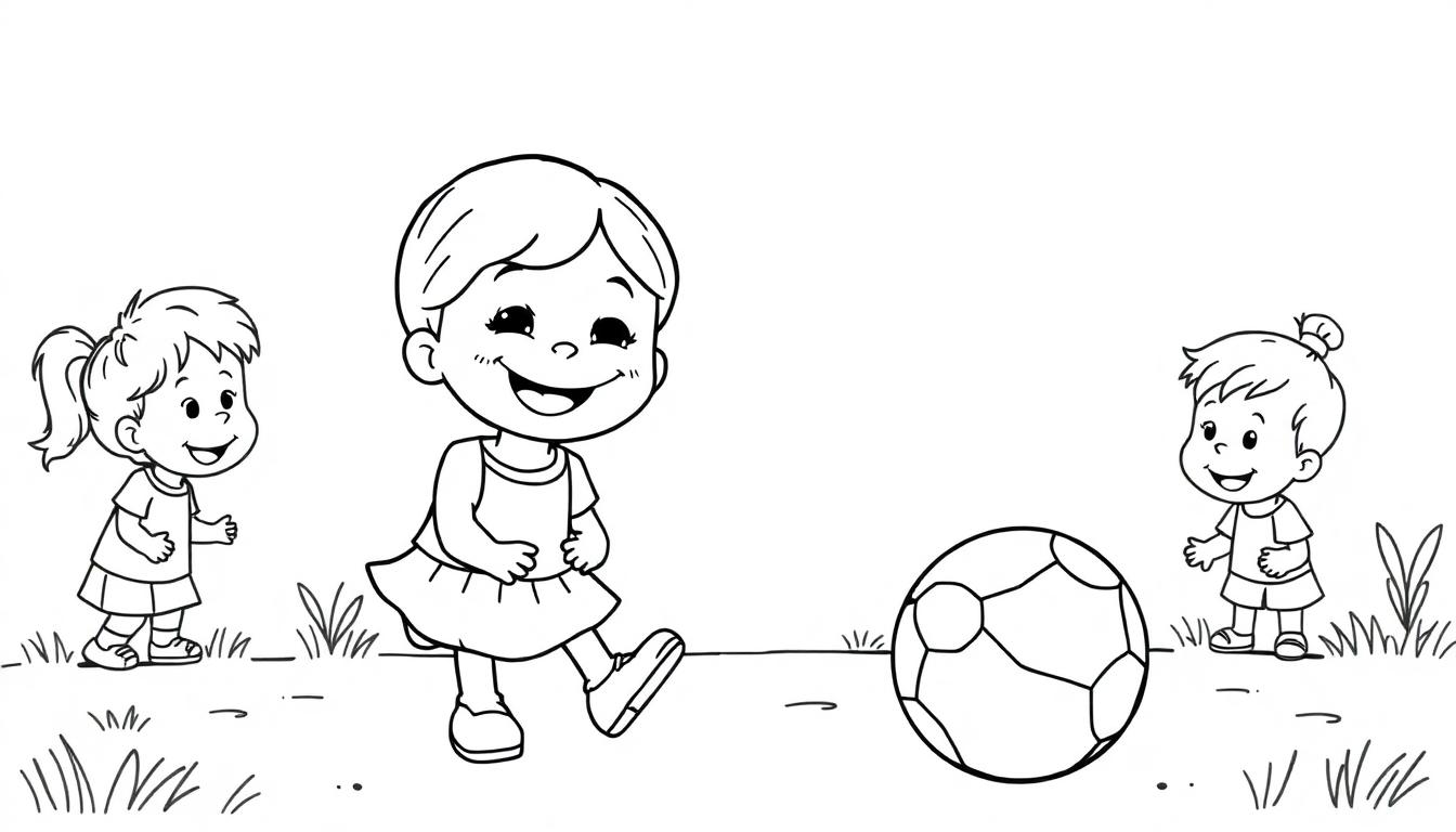 Kleurplaat van drie lachende kinderen die buiten spelen met een bal, met gras op de grond.