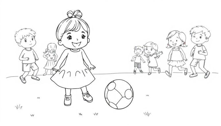 Kleurplaat van vrolijke kinderen die buiten spelen met een bal, allemaal lachend en blij.