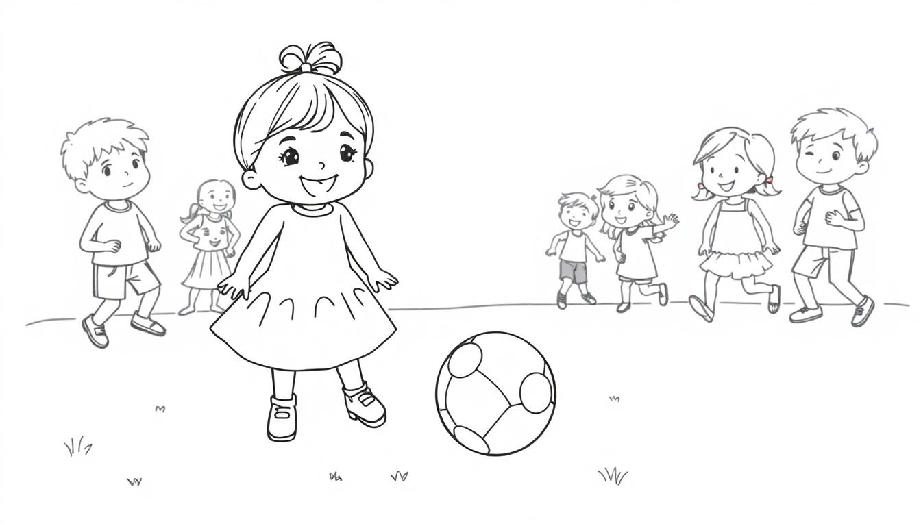 Kleurplaat van vrolijke kinderen die buiten spelen met een bal, allemaal lachend en blij.