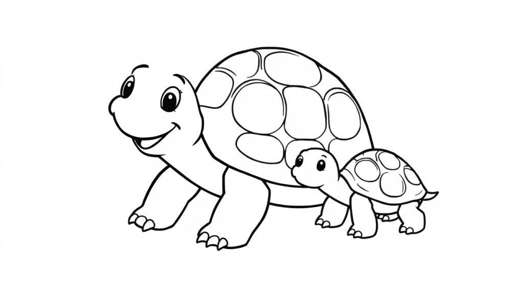 Lijntekening van twee lachende schildpadden voor een kleurplaat, een grote en een kleine, die samen op de grond spelen.