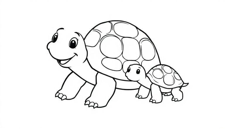 Lijntekening van twee lachende schildpadden voor een kleurplaat, een grote en een kleine, die samen op de grond spelen.