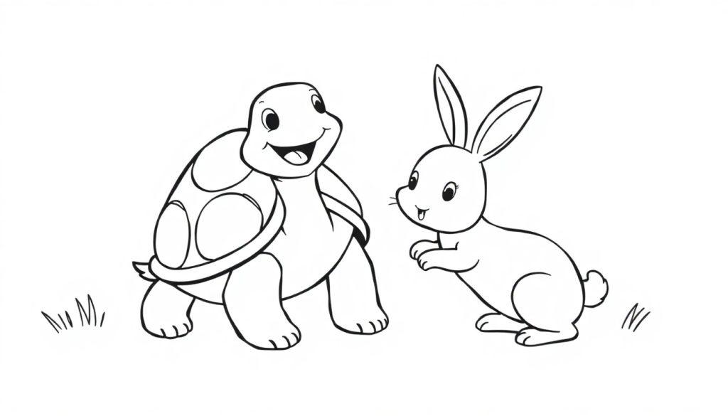 Kleurplaat van een lachende schildpad en een blije konijn die samen op de grond spelen, met gras eronder.