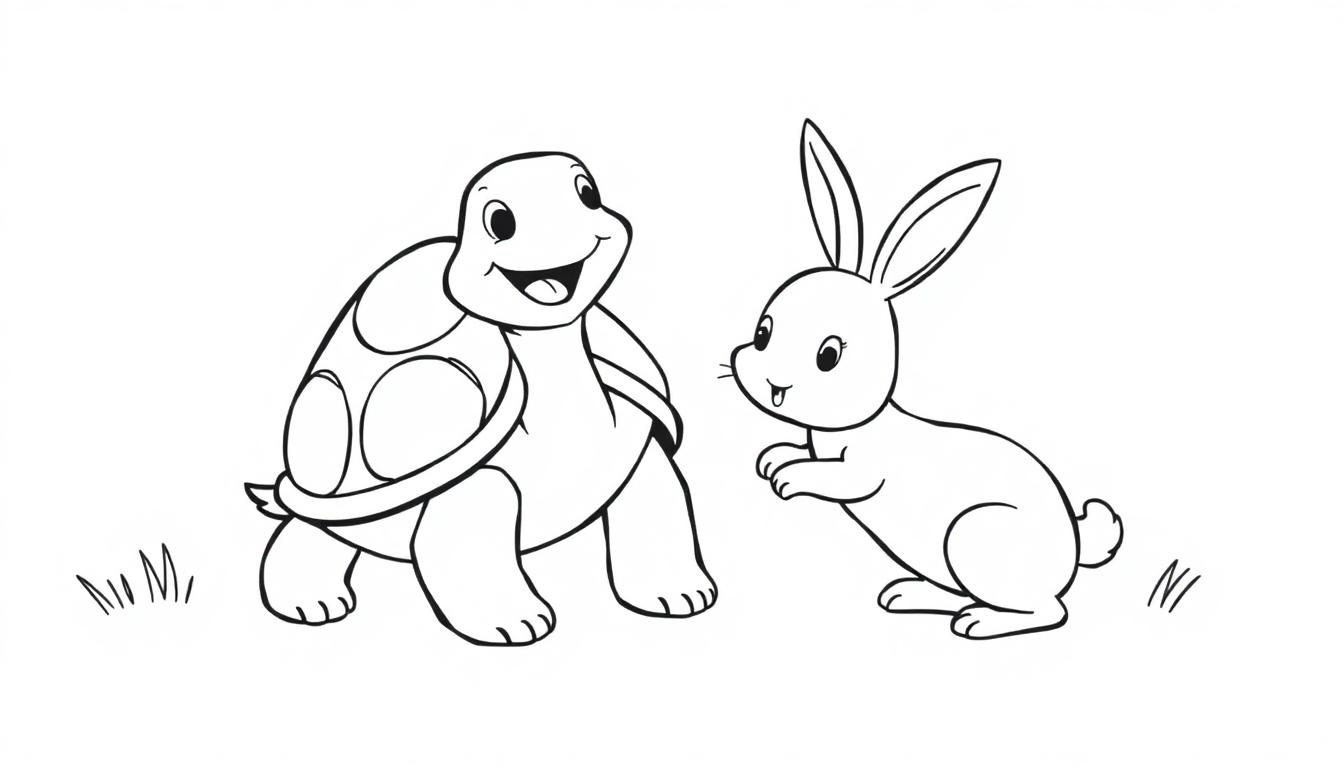 Kleurplaat van een lachende schildpad en een blije konijn die samen op de grond spelen, met gras eronder.