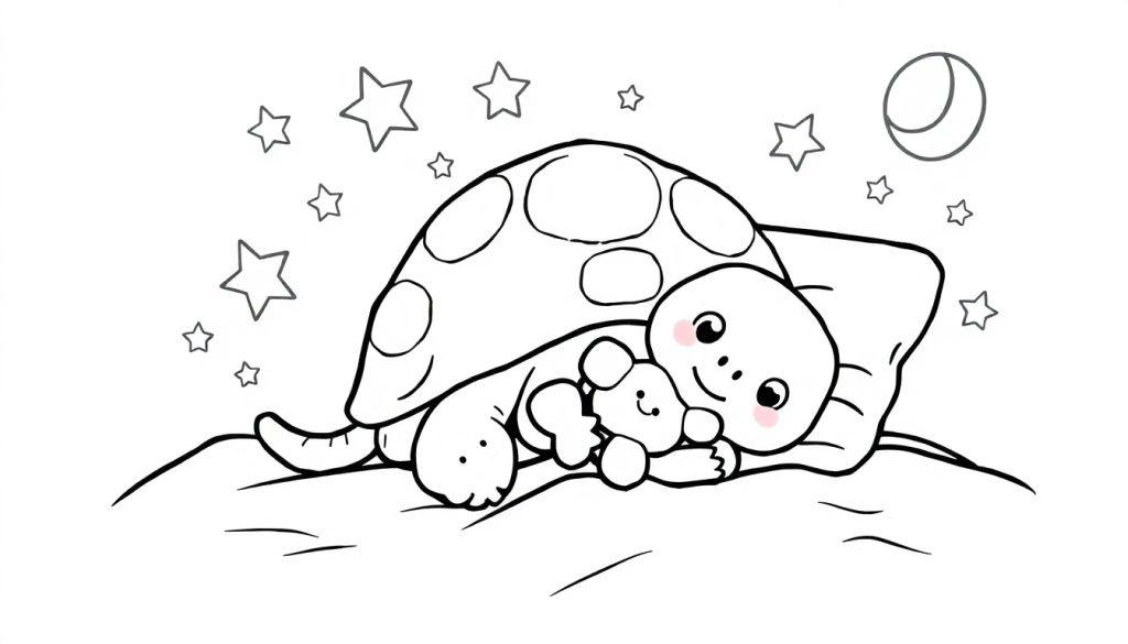 Deze kleurplaat toont een schattige, slapende schildpad die op een kussen ligt onder de sterrenhemel en een knuffel vasthoudt.