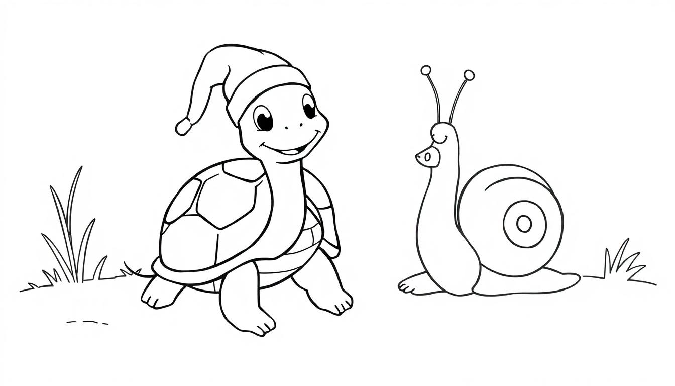 Zwart-wit kleurplaat van een vriendelijke schildpad met een kerstmuts en een slak met een spiraalschelp, beiden klaar om te kleuren voor kinderen.