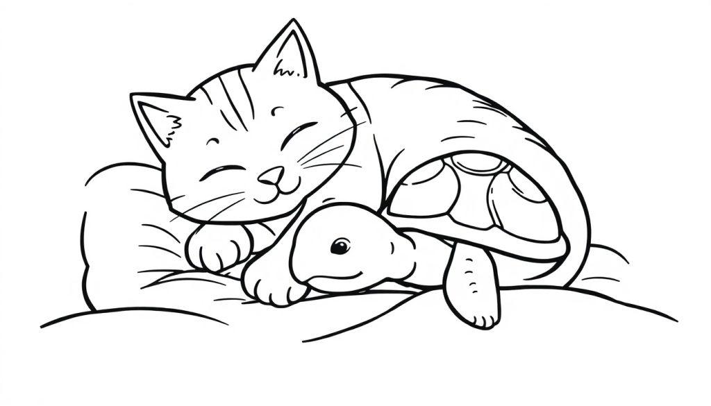 Kleurplaat van een kat en een schildpad die samen ontspannen liggen, perfect voor een kinder kleurboek.