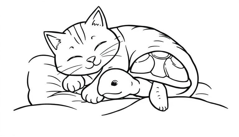 Kleurplaat van een kat en een schildpad die samen ontspannen liggen, perfect voor een kinder kleurboek.