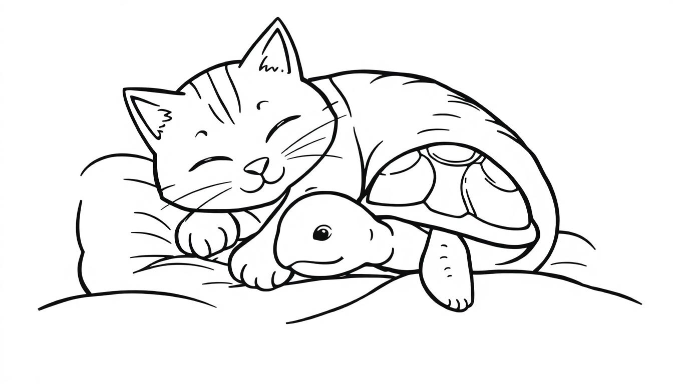 Kleurplaat van een kat en een schildpad die samen ontspannen liggen, perfect voor een kinder kleurboek.