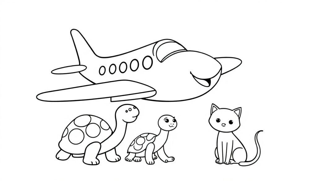 Zwart-wit kleurplaat met een lachend vliegtuig, drie schattige schildpadden en een ontspannen kat, perfect voor kinderen om te kleuren.