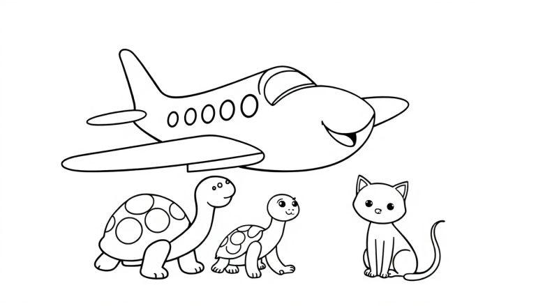 Zwart-wit kleurplaat met een lachend vliegtuig, drie schattige schildpadden en een ontspannen kat, perfect voor kinderen om te kleuren.
