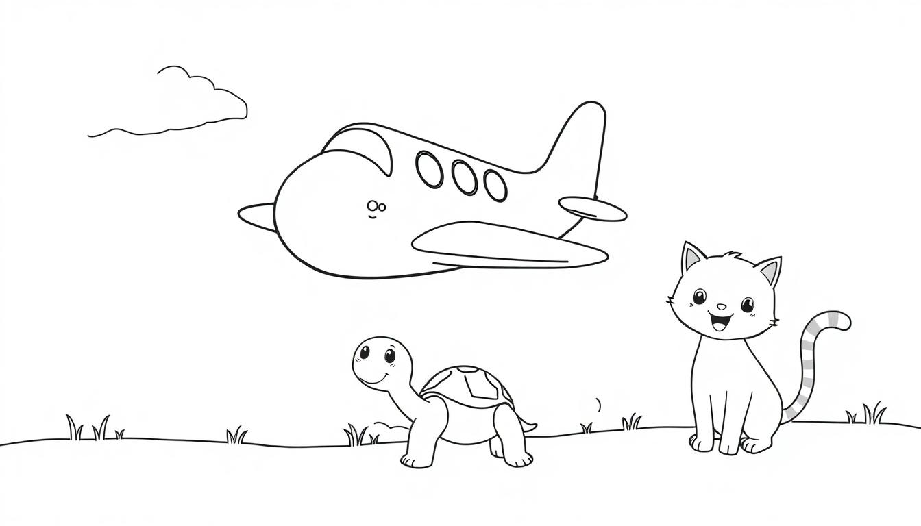 Zwart-wit kleurplaat van een lachend vliegtuig, een schildpad en een kat in een grasland.