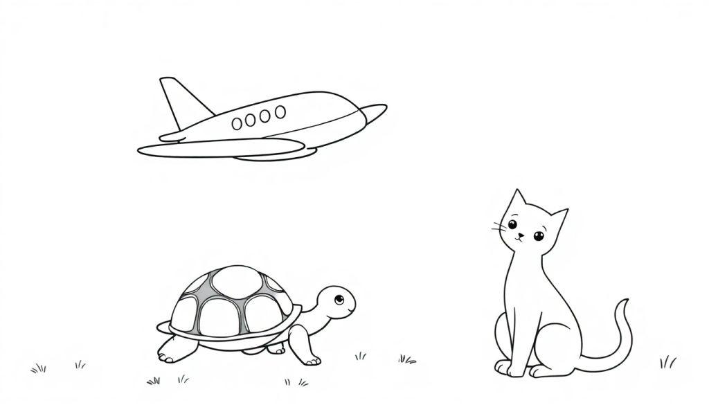 Kleurplaat met een vliegtuigl, schildpad en kat in zwart-wit voor kinderen