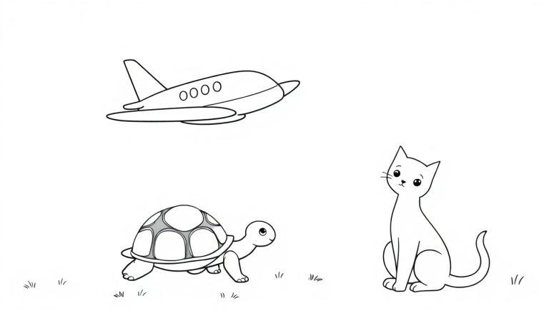Kleurplaat met een vliegtuigl, schildpad en kat in zwart-wit voor kinderen
