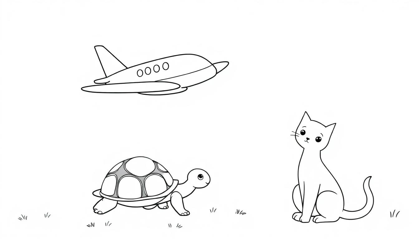 Kleurplaat met een vliegtuigl, schildpad en kat in zwart-wit voor kinderen