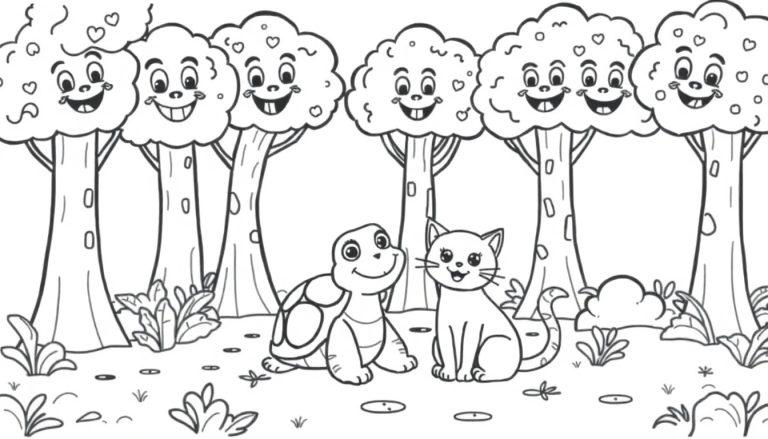 Een leuke zwart-witte kleurplaat van een bos met lachende bomen, een schildpad en een kat die klaar zijn om ingekleurd te worden.