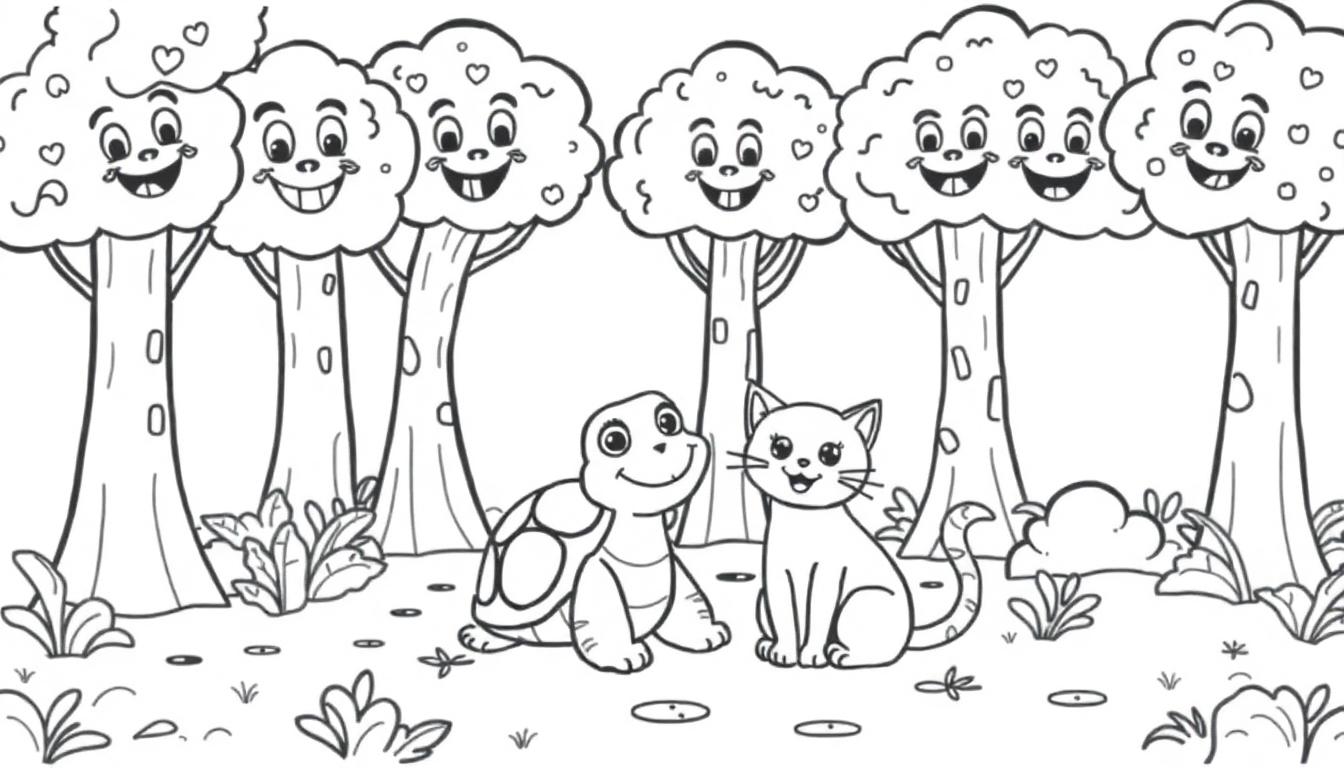 Een leuke zwart-witte kleurplaat van een bos met lachende bomen, een schildpad en een kat die klaar zijn om ingekleurd te worden.