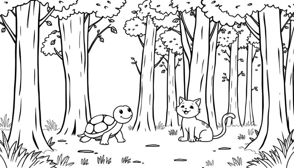 Zwart-wit kleurplaat van een bos met een schildpad en een kat, die elkaar vrolijk aankijken.