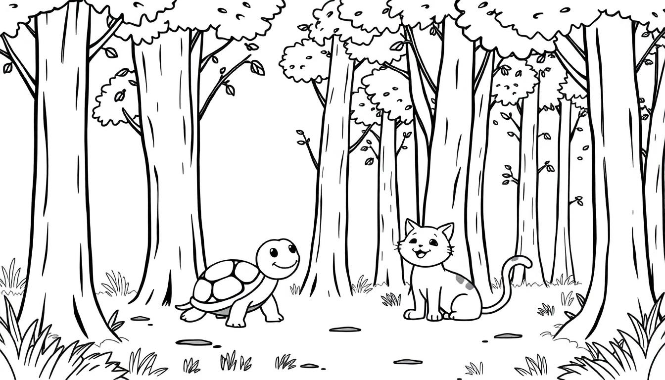 Zwart-wit kleurplaat van een bos met een schildpad en een kat, die elkaar vrolijk aankijken.