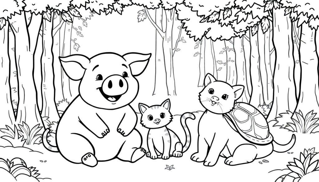 Zwart-wit kleurplaat van drie schattige dieren in het bos: een lachend varkentje, een gestreept katje en een grotere kat met een schild op de rug, allemaal klaar om ingekleurd te worden.