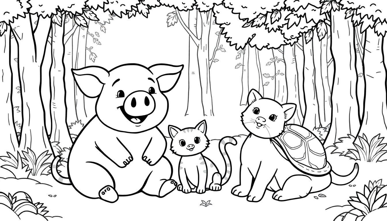 Zwart-wit kleurplaat van drie schattige dieren in het bos: een lachend varkentje, een gestreept katje en een grotere kat met een schild op de rug, allemaal klaar om ingekleurd te worden.