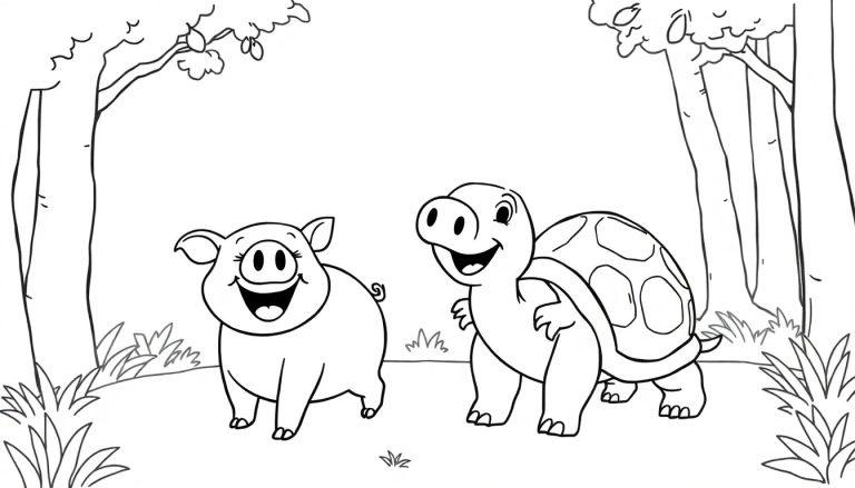 Zwarte-witte kleurplaat van een vrolijk bos met een lachend varken en een blij schildpad, omringd door bomen en struiken.