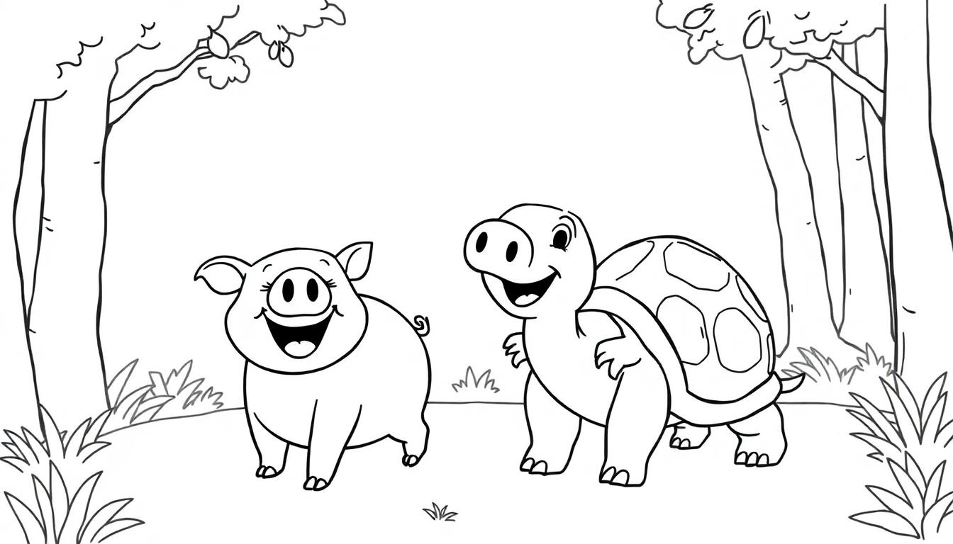 Zwarte-witte kleurplaat van een vrolijk bos met een lachend varken en een blij schildpad, omringd door bomen en struiken.