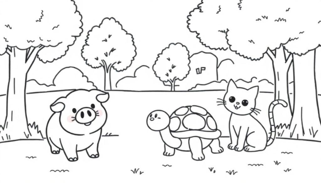 Een vrolijke kleurplaat met een varken, schildpad en kat in een landschap met gras en bomen, allemaal getekend in eenvoudige lijnen.