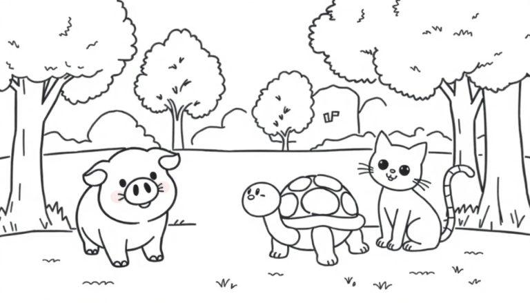 Een vrolijke kleurplaat met een varken, schildpad en kat in een landschap met gras en bomen, allemaal getekend in eenvoudige lijnen.