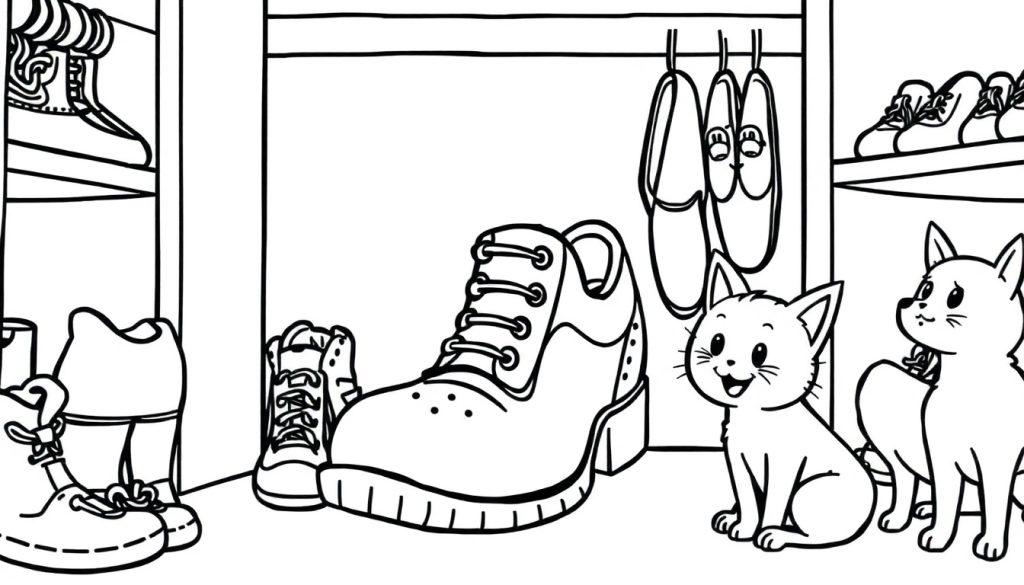 Kleurplaat van een zwarte en witte illustratie met een kapstok, schoenen, katten en een hond, alles in een speelse scène voor kinderen.