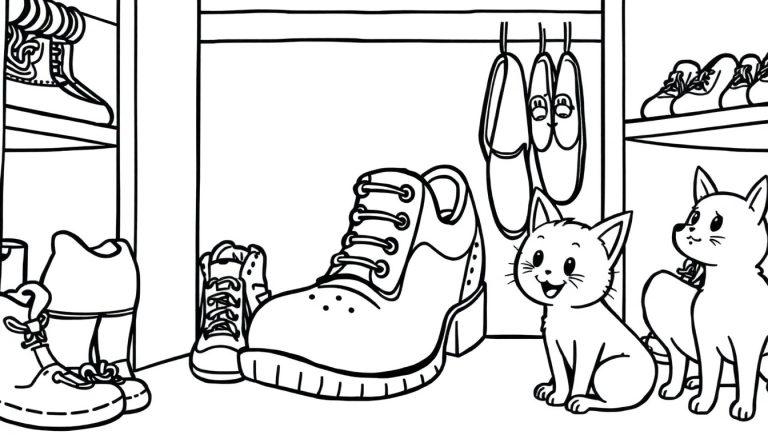 Kleurplaat van een zwarte en witte illustratie met een kapstok, schoenen, katten en een hond, alles in een speelse scène voor kinderen.