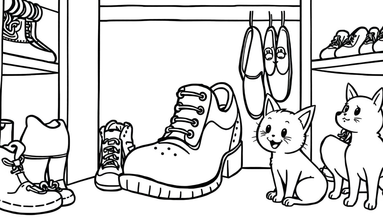 Kleurplaat van een zwarte en witte illustratie met een kapstok, schoenen, katten en een hond, alles in een speelse scène voor kinderen.