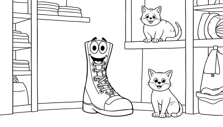 Kleurplaat van een lachende schoen in een opgeruimde kast met twee vrolijke katten en een hond, perfect voor een kinder kleurboek.