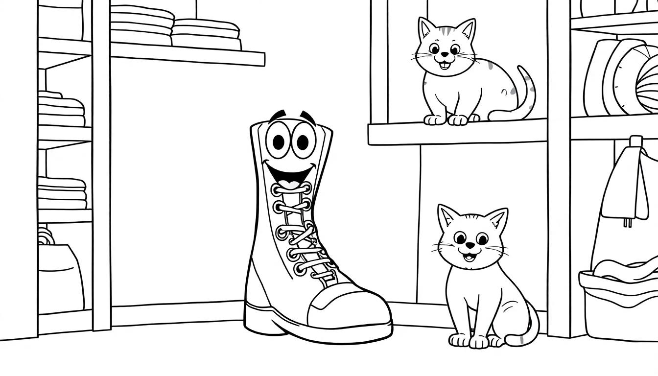 Kleurplaat van een lachende schoen in een opgeruimde kast met twee vrolijke katten en een hond, perfect voor een kinder kleurboek.