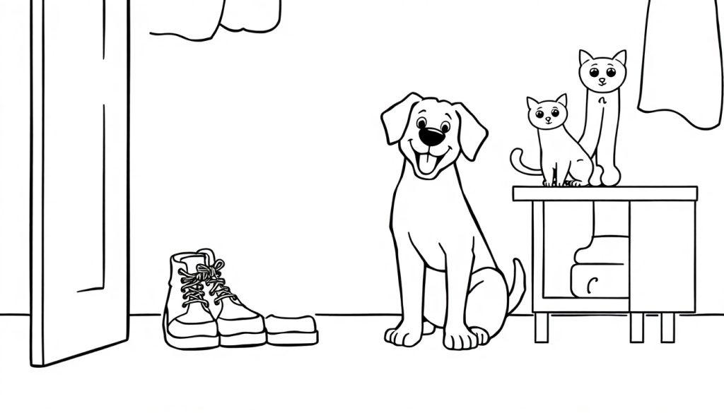 Een kleurplaat van een interieur met een hond, twee katten, schoenen, een tafeltje, een deur en een gordijn.