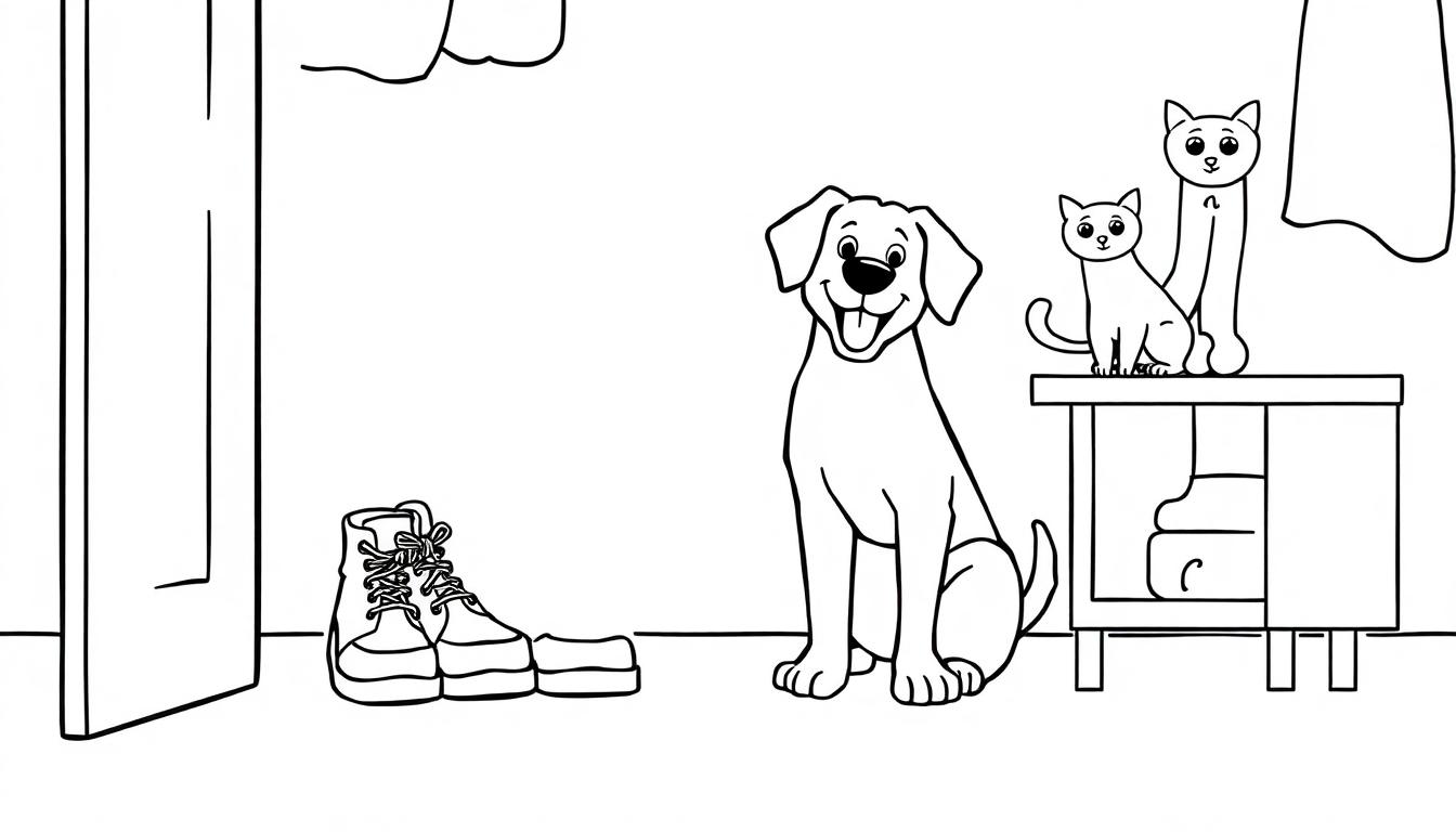 Een kleurplaat van een interieur met een hond, twee katten, schoenen, een tafeltje, een deur en een gordijn.