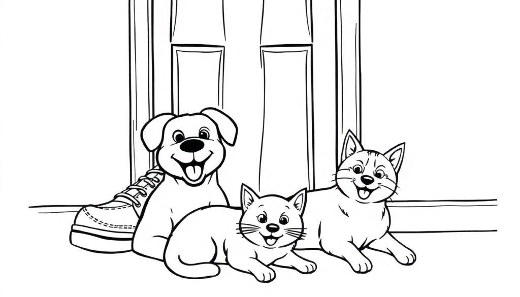 Kleurplaat van een vrolijke hond en twee blijde katten die voor een deur zitten, met een schoen rechts naast de hond. Alle dieren kijken vriendelijk en lachen.