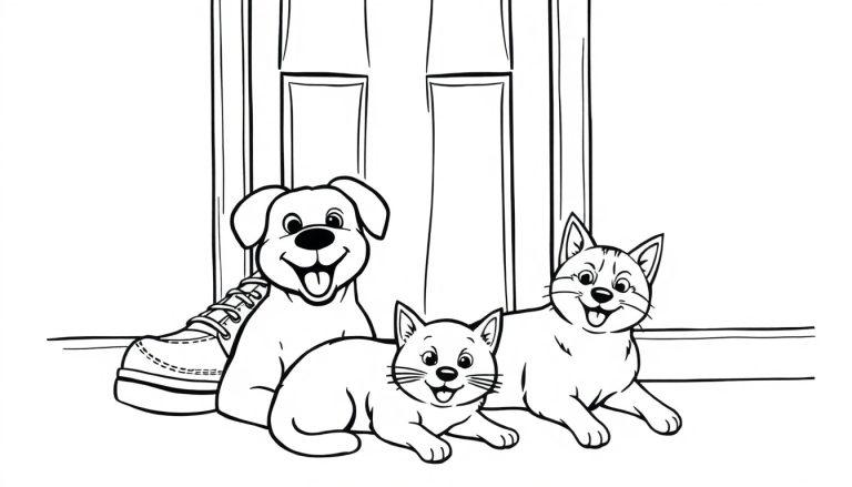Kleurplaat van een vrolijke hond en twee blijde katten die voor een deur zitten, met een schoen rechts naast de hond. Alle dieren kijken vriendelijk en lachen.