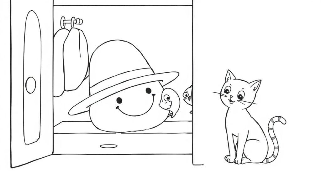 Kleurplaat met een kast vol vrolijke visjes en een grote glimlachende muts, een kat die nieuwsgierig kijkt, alles in zwart-wit voor een kleurboek voor kinderen.